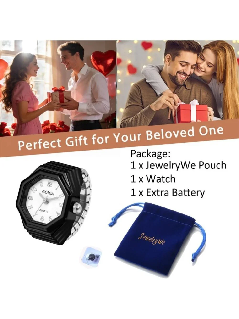 Unisex Black Analog Quartz Stretchy Elastic Band Octagon Dial Finger Ring Watch